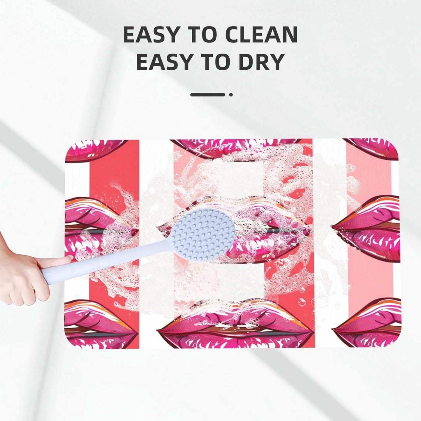 Pink Mouth Geometric Stripes Absorbent Bath Mat Non Slip Washable Doormat 19.7x31.5 in Quick Dry Shower Mat Thin Floor Rug for Bathroom Kitchen Entryway