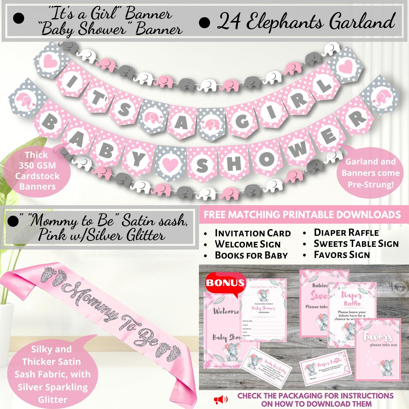 697 Pc Pink Elephant Baby Shower Decorations for Girl - Premium Set | Includes It's a Girl banner, elephant garland, guest book, sash, cake toppers, balloons, napkins, straws, fans & games