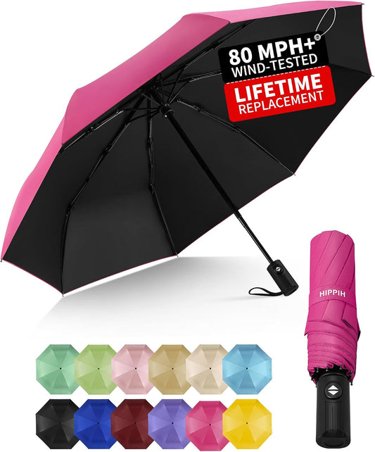 HIPPIH Compact Travel Umbrella for Rain - Windproof Automatic Umbrellas, UV Umbrella for Sun Protection with Black Anti-UV Coating, Portable Small Umbrellas for Backpack, Car, Walking, Kids, Women