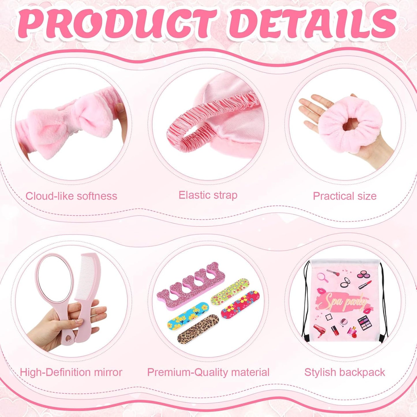 Janinka 108 Pcs Sleepover Spa Party Supplies for 12 Guests, Including Pink Headband, Scrunchies, Eye Mask, Nail File, Toe Separator, Comb, Mirror, Drawstring Bag for Women's Pajama Party