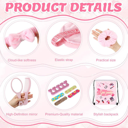 Janinka 108 Pcs Sleepover Spa Party Supplies for 12 Guests, Including Pink Headband, Scrunchies, Eye Mask, Nail File, Toe Separator, Comb, Mirror, Drawstring Bag for Women's Pajama Party