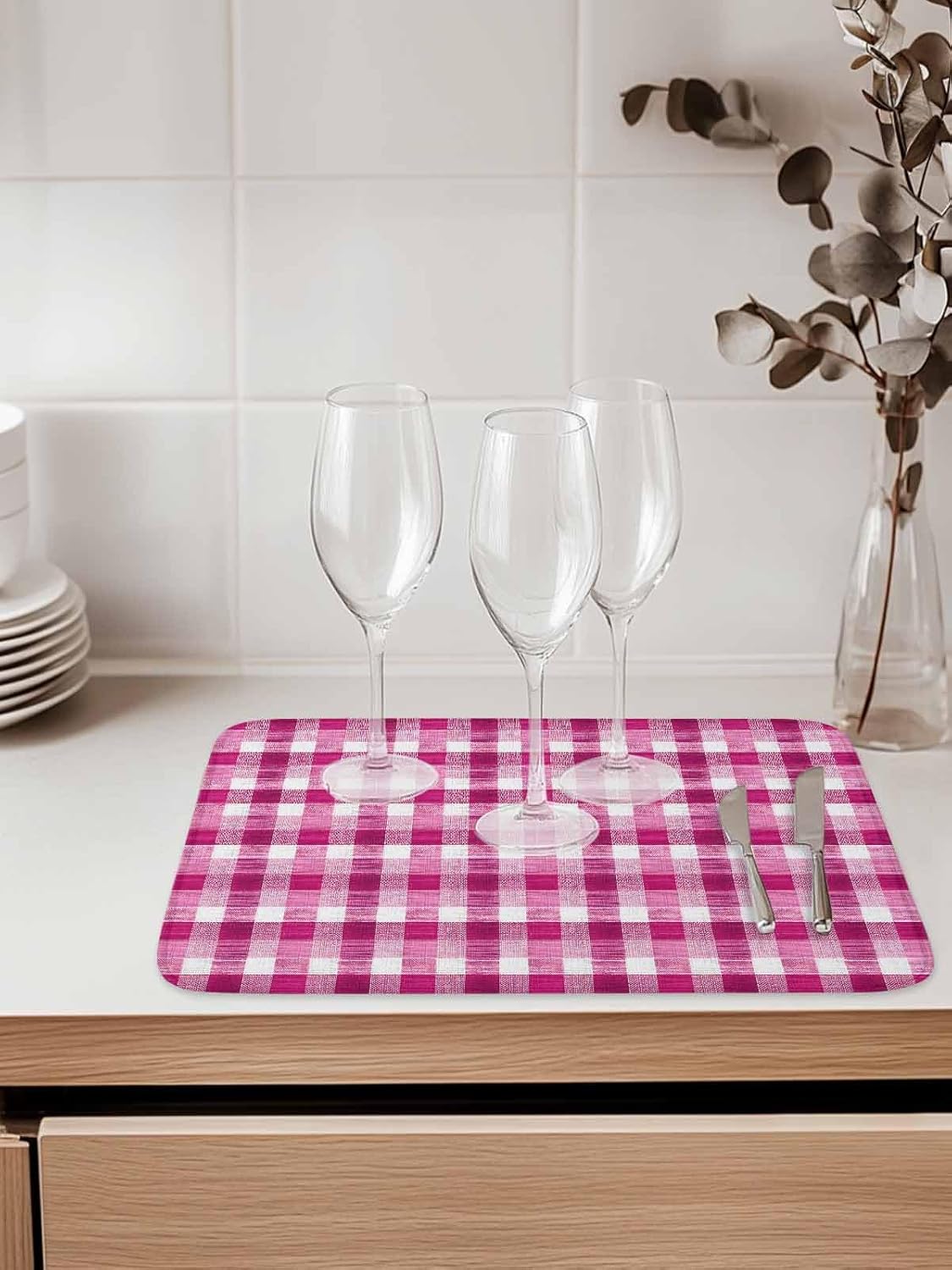 Pink White Check Dish Drying Mat 18x24 inch Modern Pink Theme Simple Super Absorbent Microfiber Dish Drying Pad for Kitchen Countertops Sink Dish Drainer Racks Coffee Bar Mats 2 Pack