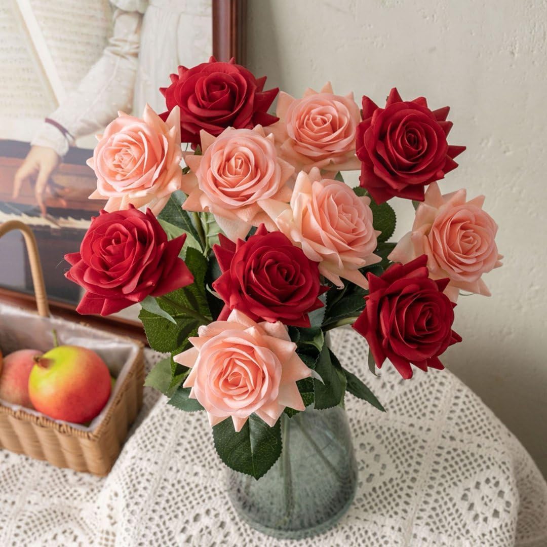 3 Pcs Artificial Roses, 16.5 Inch Real Touch Fake Rose Bouquet, Peach | Real Touch Lifelike, Ideal for Wedding Bridal Bouquet, Table Centerpiece, Home Decor, Valentine's Day Gift & Party Decor