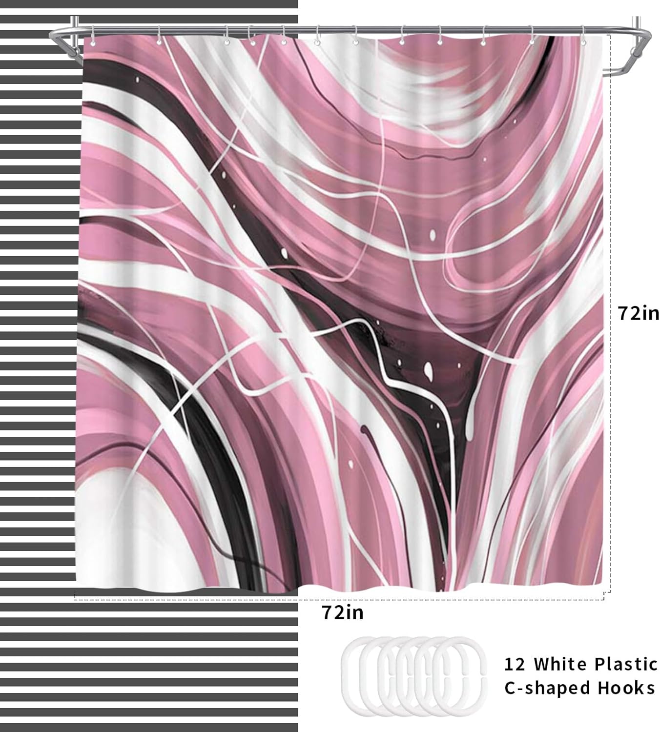 WELMECO Shower Curtain Modern Abstract Striped Stall Shower Curtain Polyester Fabric Washable 72x72inch with 12 Plastic Hooks for Bathroom Decor (Pink)