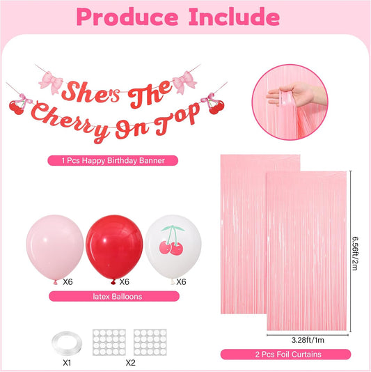 21pcs She's the Cherry on Top Baby Shower, She's the Cherry on Top Backdrop, Pink Birthday Party Decorations, Fringe Curtains with Bow Banner and Cherry Balloons, Girls Birthday Decoration