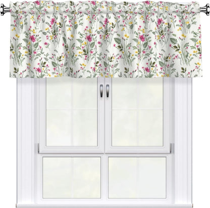 Spring Valances for Windows - Pink Yellow Floral Cafe Curtains Green Leaf Short Curtains for Living Room Bathroom Bedroom Basement
