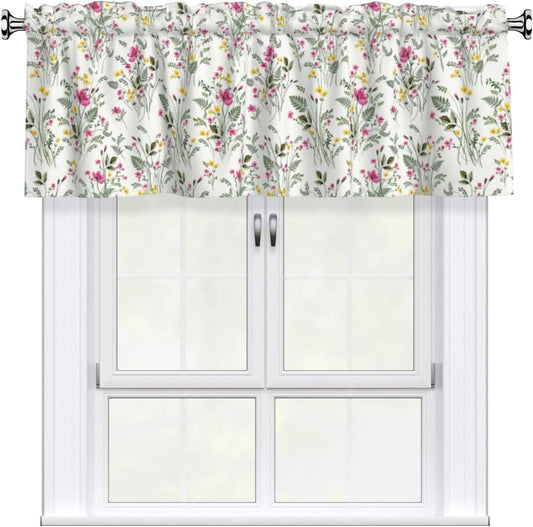 Spring Valances for Windows - Pink Yellow Floral Cafe Curtains Green Leaf Short Curtains for Living Room Bathroom Bedroom Basement