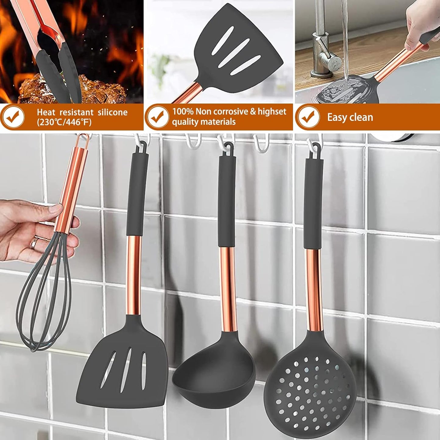 Silicone Cooking Utensil Set, Umite Chef Kitchen Utensils 15pcs Cooking Utensils Set Non-stick Silicone Rose Gold Handle Cooking Tools Whisk Kitchen Tools Set -Grey