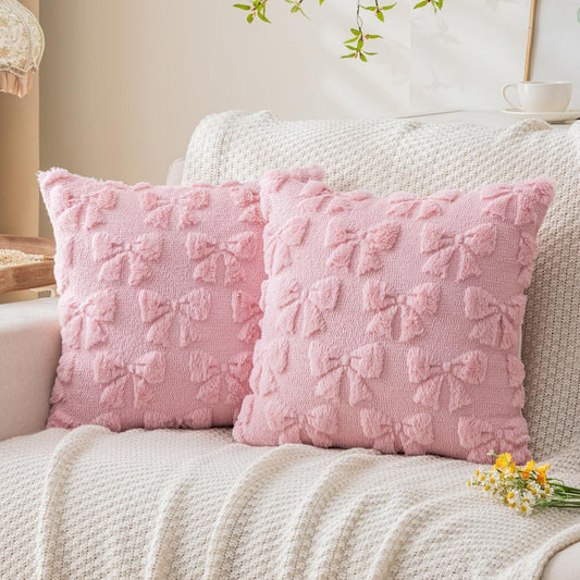 Yuubin Pink Bow Throw Pillow Covers 18x18in Set of 2,Christmas Coquette Soft Plush Faux Fur Pillow Case for Large Couch Sofa Home Room Indoor Outdoor Holiday Decorations