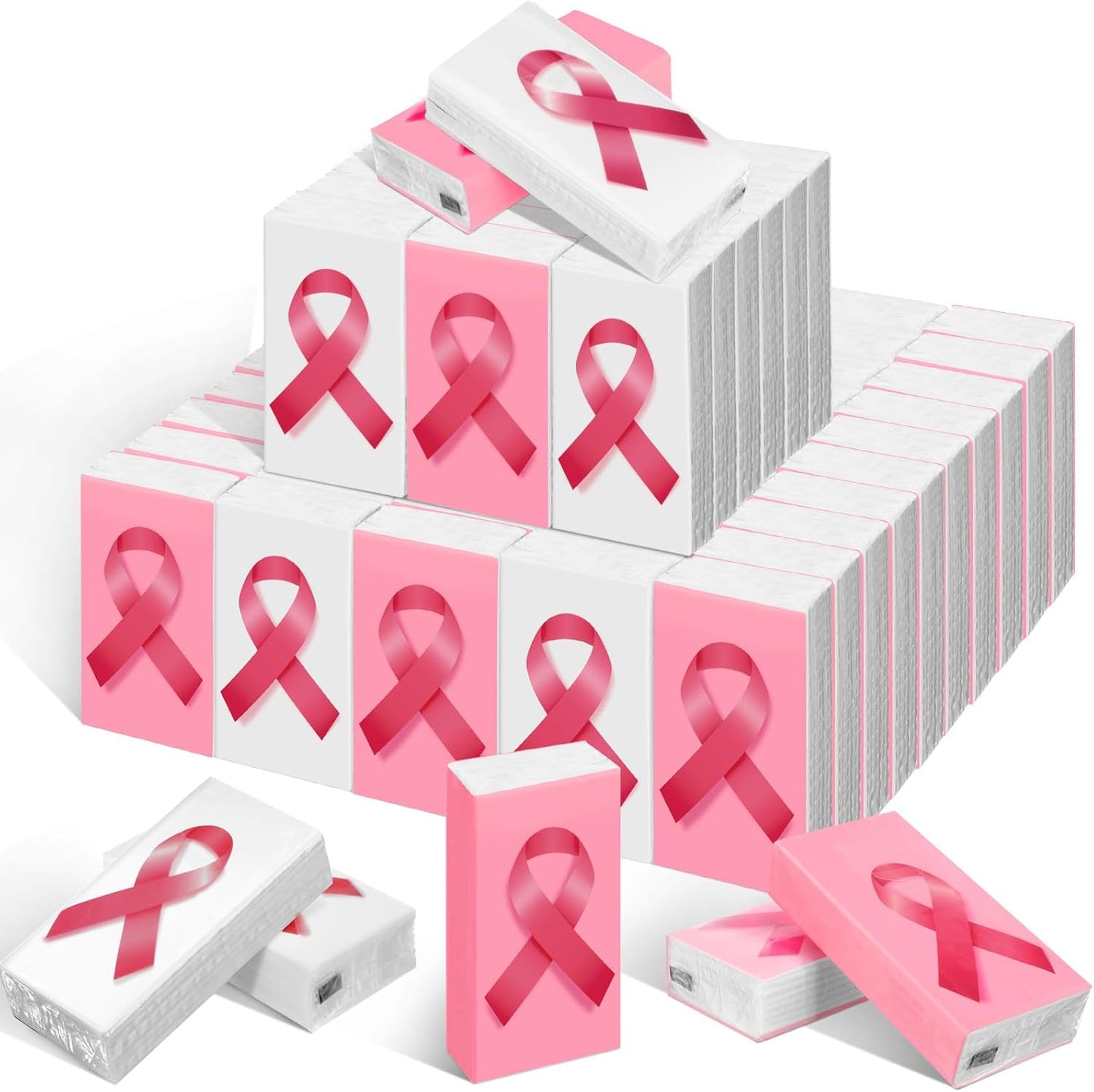 Tenceur 50 Pcs Breast Cancer Awareness Pocket Tissue Bulk 4 Ply Travel Mini Portable Pink Ribbon Pocket Facial Tissue for Women Cancer Survivor Gift Charity Event Supplies Party Favor(White, Pink)