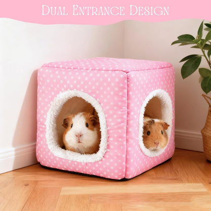 Guinea Pig Hideout with 2 Removable Mat, Two Entrances, Dwarf Rabbit Bed, Washable Bunny House, Small Pet Accessories Pink Dot