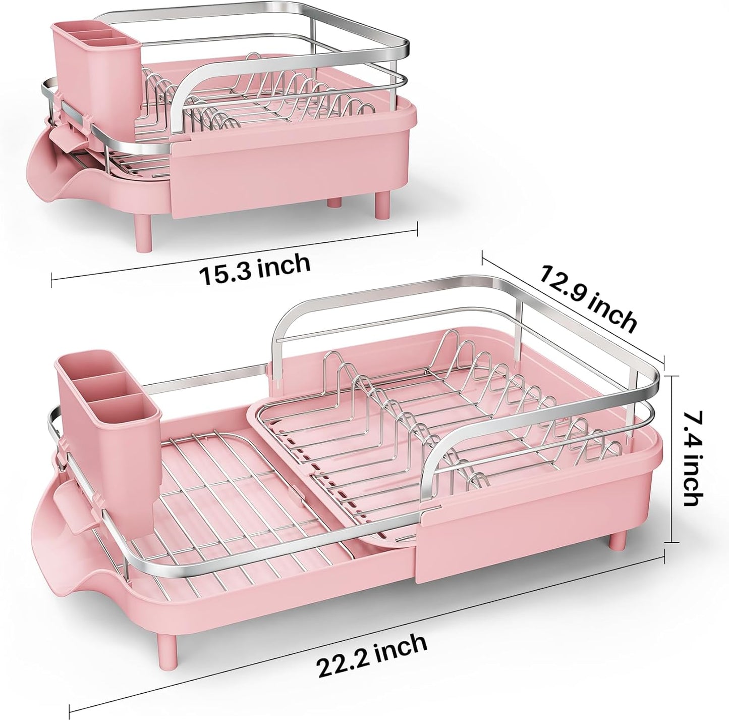 SAYZH Dish Drying Rack - Expandable Dish Rack for Kitchen Counter, Rust-Resistant Dish Drainer with Utensil Holder and Raised Guardrail, Kitchen Organizer for Cup and Bottle (Pink)