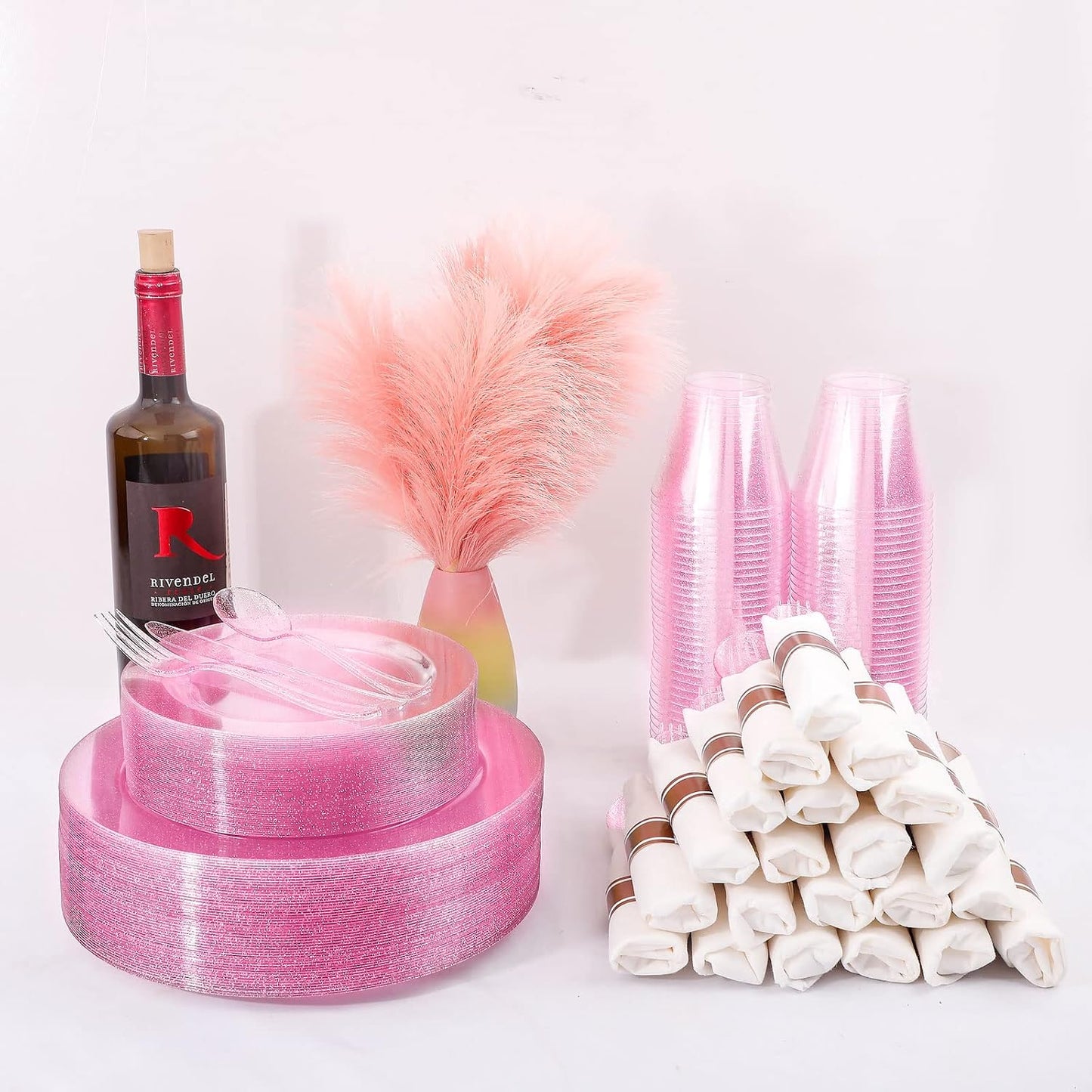 DaYammi 350PCS Rose Gold Glitter Dinnerware Set 50 Guest for Party- 50 Pink Plastic Dinner Plates, 50 Dessert Plates- 50 Per Rolled Napkins with Rose Gold Glitter Cutlery - 50 Cups 9 OZ