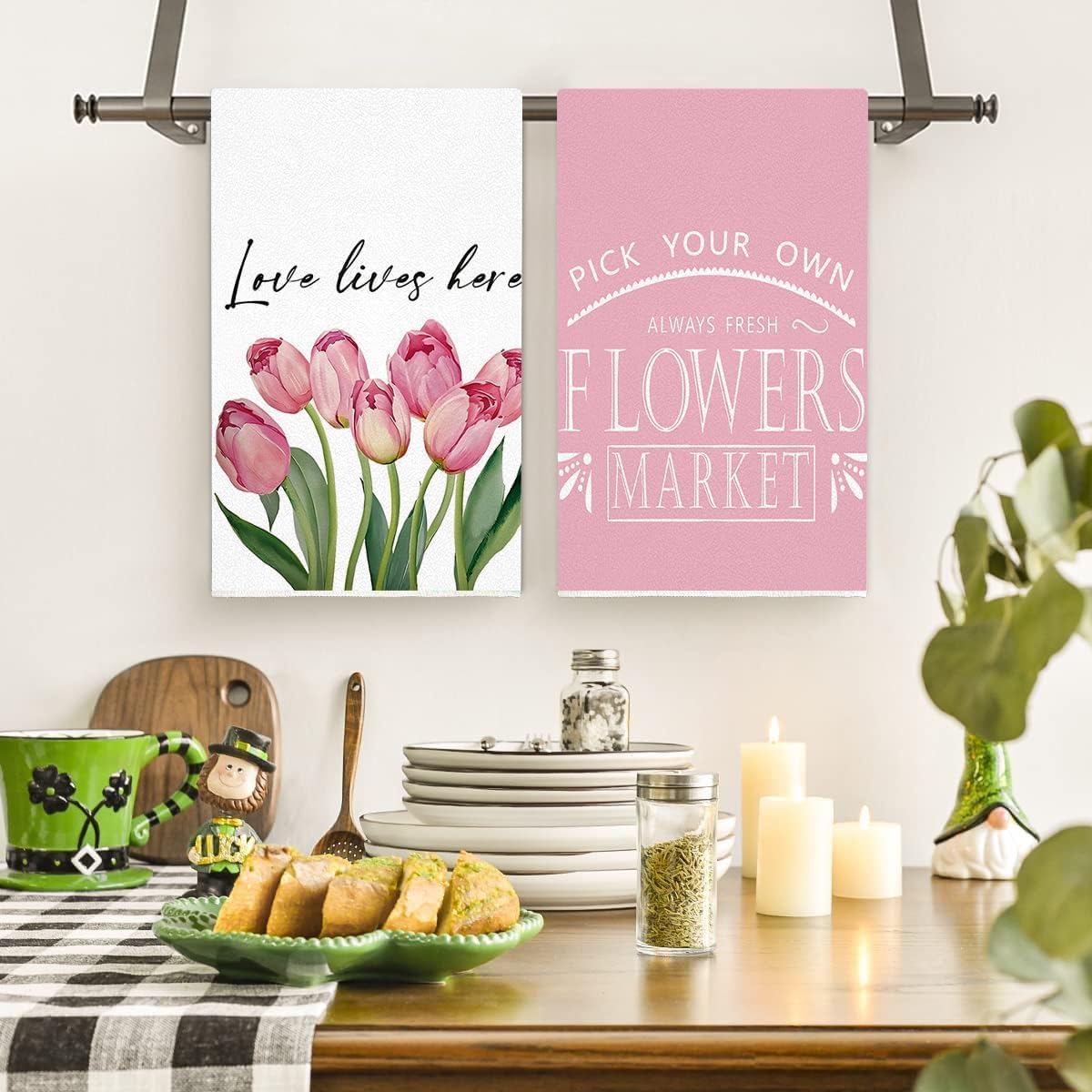 Tulip Spring Kitchen Towels Dish Towels, Pink Flowers Hand Towels 16x24 Inch Farmhouse Decoration Hand Towels Set of 3