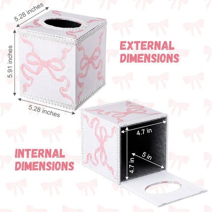 Jingmore Pink Bow Tissue Box Cover Cotton Luxury Coquette Tissue Holder with Magnetic Closure Square Cube Box Holder for Living Room Bathroom Table Desk Home Office Car Decor