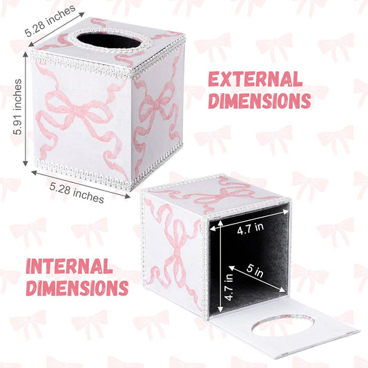 Jingmore Pink Bow Tissue Box Cover Cotton Luxury Coquette Tissue Holder with Magnetic Closure Square Cube Box Holder for Living Room Bathroom Table Desk Home Office Car Decor