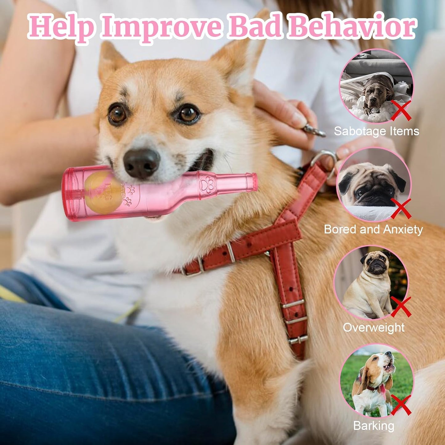 Water Bottle Dog Toy for Aggressive Chewers,Ball in Bottle Rubber Dog Toy,Cute Interactive Pet Rubber Cruncher for Dogs Aggressive Chewers Large/Medium/Small(Pink)