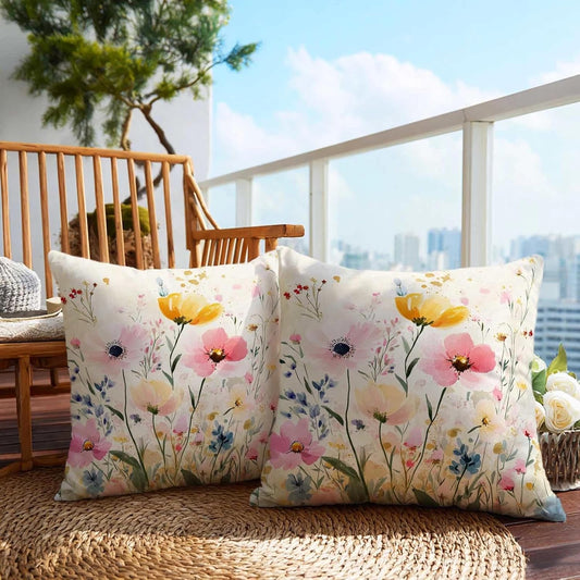 Firmiso Soft Wildflower Throw Pillow Covers 18x18 Set of 2｜Floral Decorative Cushion Covers for Couch Sofa｜Pastel Botanical Pillow Cases｜Romantic Cottage Farmhouse Home Decor | Pink Yellow Accent