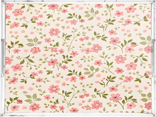 Pink Flowers Serving Tray 12" x 16" Acrylic Trays with Handles Decorative Serving Platter for Coffee, Breakfast in Bed, Dinner, Appetizers, Patio, Party