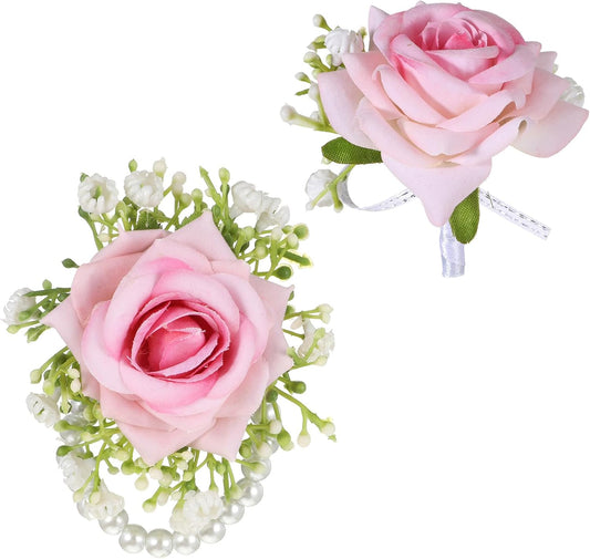 2 Pcs Corsage and Boutonniere Set, Pink Corsage Wristlet for Wedding | Wristlet Boutonniere for Men Band Pearl Bracelet Wedding Flower Accessories for Wedding Prom Party Suit Decoration