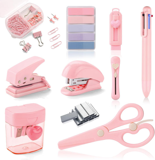 Pink Mini Office Supply Kit Mini School Supplies Desk Accessory Set Includes Mini Stapler Pencil Sharpener Staple Remover Hole Punch Ballpoint Pen Scissor Box Cutter Paper Clips Sticky Index Tabs