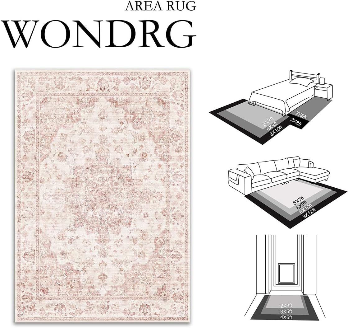 2x3 Washable Neutral Area Rug Pink Vintage Entryway Kitchen Carpet Non-Slip Soft Low Pile Farmhouse Indoor Small Throw Rug for Bedroom Bathroom Entrance