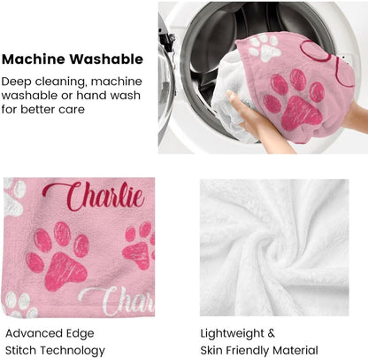 Custom Dog Blankets with Pet Name Personalized Pink Paw Dog Blanket, Customized Dog Blanket for Medium Puppy Small Large Dogs, Washable All-Season Air-conditioned Rooms Blankets Dog Gifts 30" x 40"