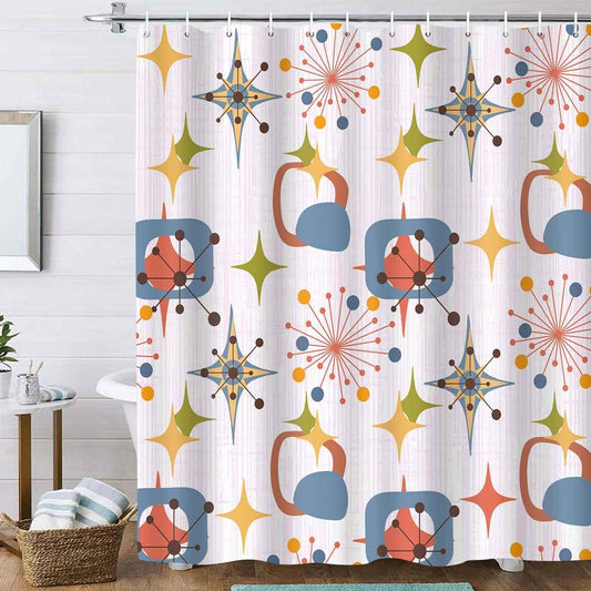 Mid Century Shower Curtain, 60x72inch, Modern Abstract Retro Pink Striped Geometric Shower Curtain Sets 1950s Boho Bathroom Shower Curtain with 10 Hooks