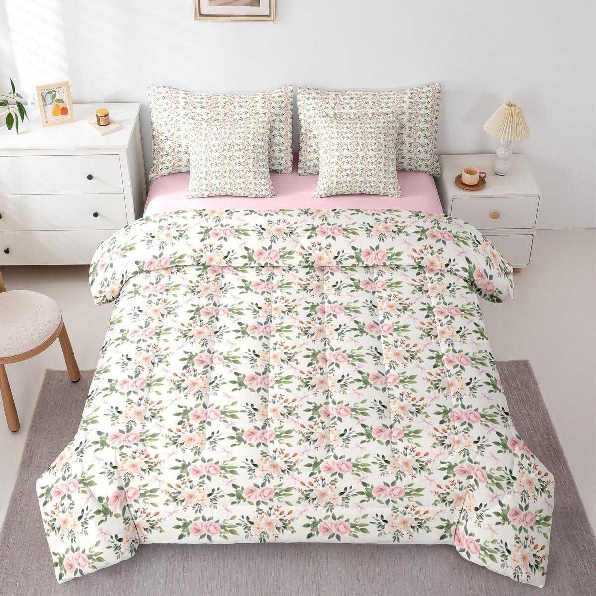 Erosebridal Flower 7 Piece Bedding Set Twin Rose Comforter Set with Sheets Peach Blossom Kawaii Ribbon Bow Bed in a Bag Princess Girly Leaves Floral Theme for Kids Girls Women