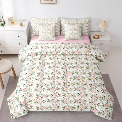 Erosebridal Flower 7 Piece Bedding Set Twin Rose Comforter Set with Sheets Peach Blossom Kawaii Ribbon Bow Bed in a Bag Princess Girly Leaves Floral Theme for Kids Girls Women