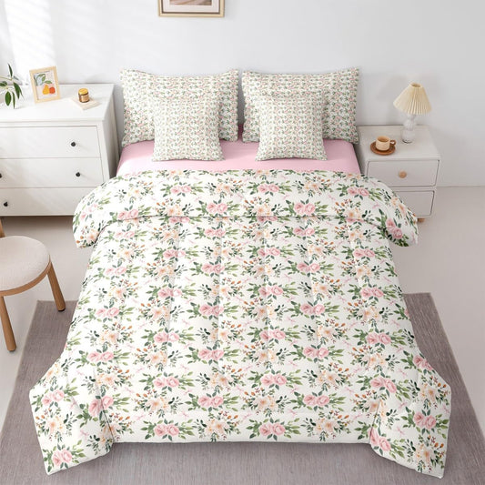 Erosebridal Flower 7 Piece Bedding Set Twin Rose Comforter Set with Sheets Peach Blossom Kawaii Ribbon Bow Bed in a Bag Princess Girly Leaves Floral Theme for Kids Girls Women