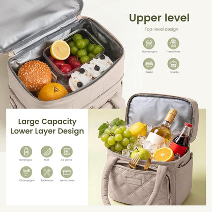 LOVEVOOK Insulated Lunch Bag Women,Expandable Double Deck Adult Lunch Box Women with Cup Holder,Bow Puffer Large Leakproof Cooler Bag for Work College Picnic,Lunch Box/Bag for Kids Girl Boy School