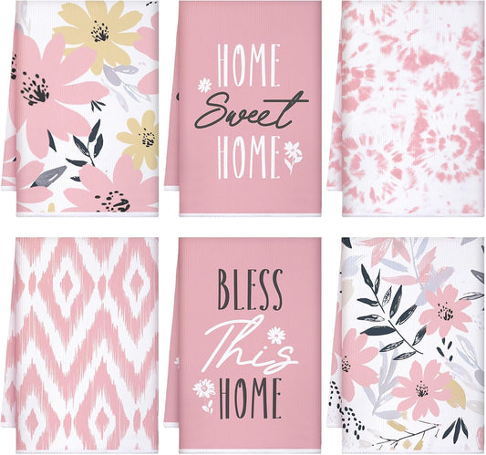 Bencailor 6 Pack Decorative Kitchen Towels Sets Hand Dish Towels Farmhouse Funny Southwest Aztec Rose Design Bathroom Tea Cloth for Home Supplies 16" x 24"(Pink Color,Romantic Style)