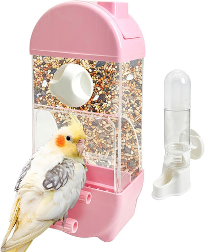 Tfwadmx No Mess Automatic Bird Feeder for Cage Transparent Food Container Parrot Water Dispenser Cage Accessories for Cockatiels, Finches, Budgies Canaries (Pink)