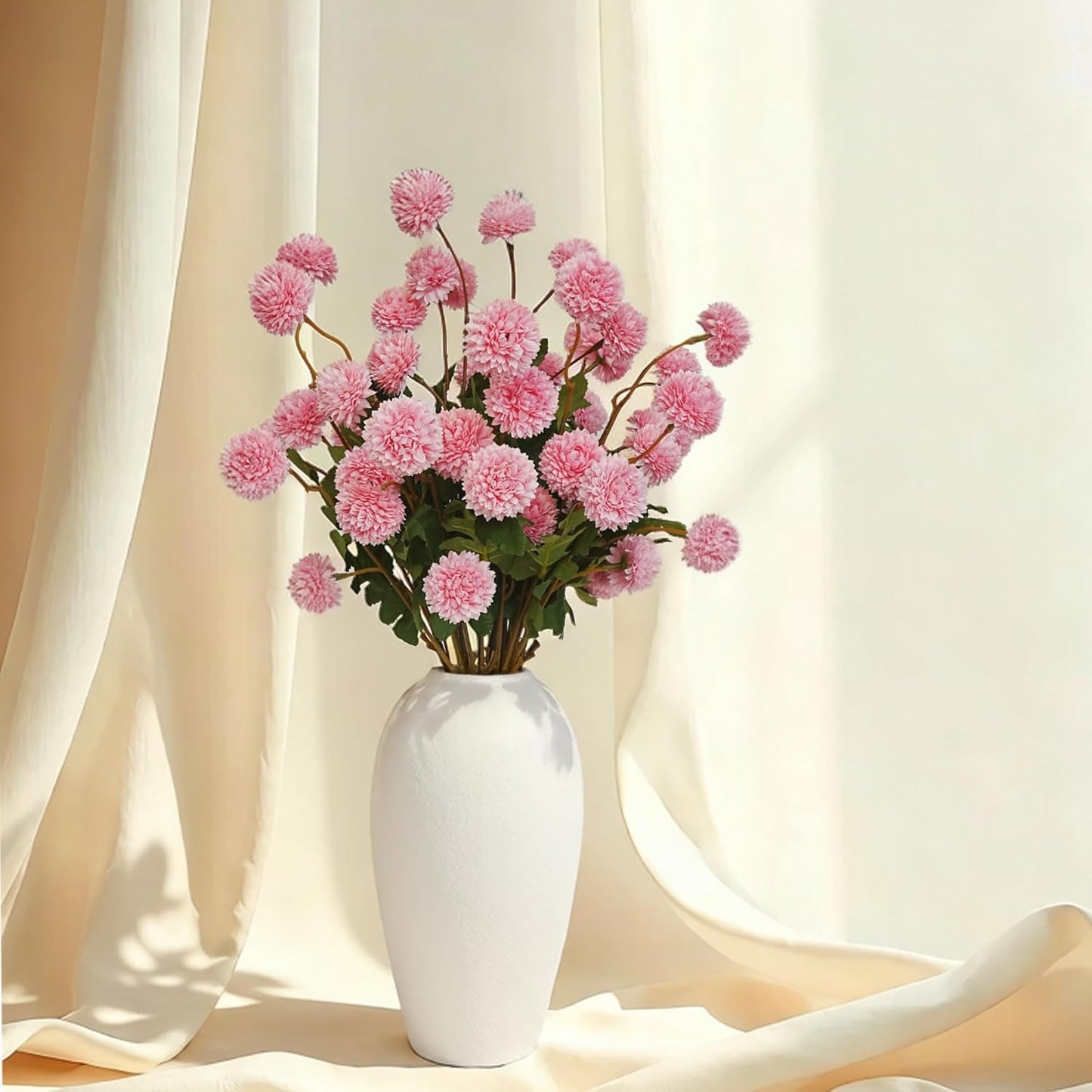 Jahe 6Pcs Silk Pompon Mum Artificial Flowers, Small Fake Flower Kiku Ball with Long Stems, Home Decor Faux Flowers, DIY Wedding Centerpieces Floral Arrangements Doho Decor, Pink