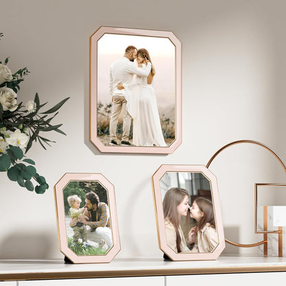 RICHFOCUS 4x6 Enamel Picture Frame with HD-Tempered Glass, Octagon Photo Frame with Gold Metal Edge and Velvet Back for Tabletop and Wall Mount Display, Pink