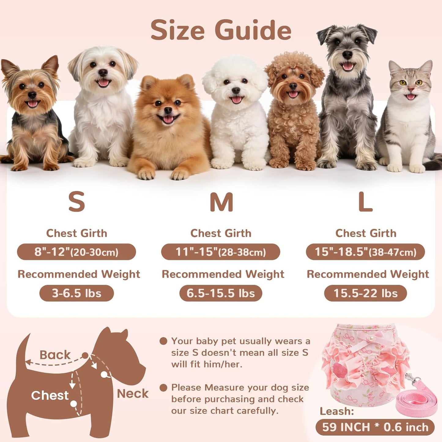 ABRRLO Small Dog Harness and Leash Set Soft Breathable Mesh No Pull Puppy Harness with Bowknot Adjustable Cute Pink Dog Vest Harnesses for Small Dogs Cats Girl Pet Harness for Walking Outdoor(Pink,S)