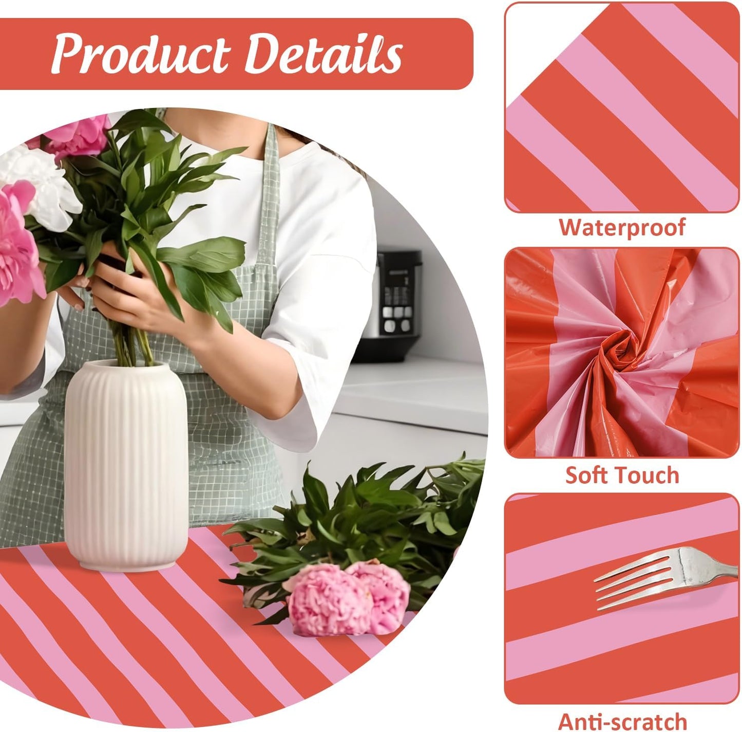 Striped Tablecloth Pink Red Waterproof for Party Table Decoration | 3 Pieces Plastic for Home Kitchen Picnic Table Cloth Strawberry Stripe