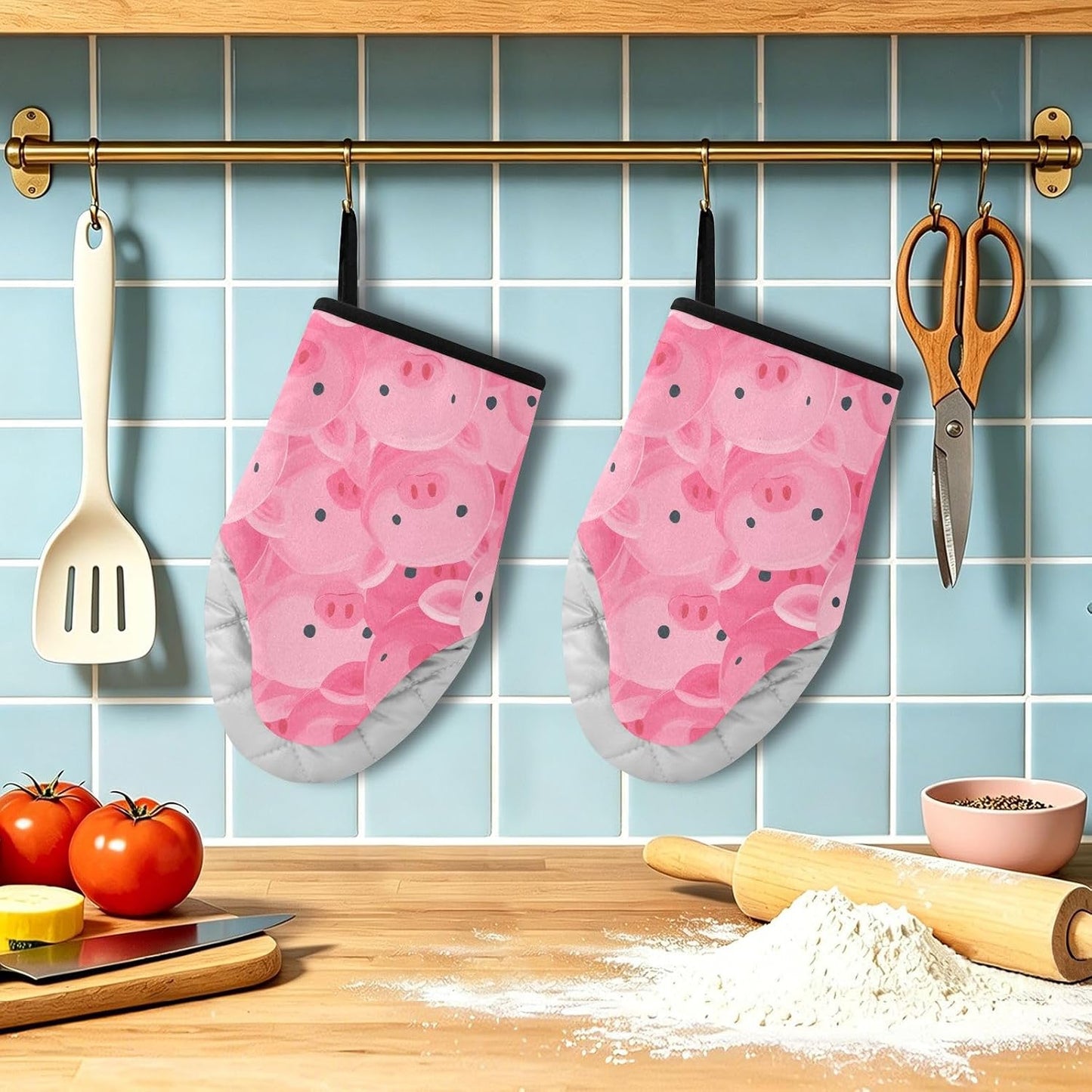 Oven Mitt 2 Pack Set Pigs Pink Pattern Kitchen Mitts Gloves for for Cooking Baking Grilling