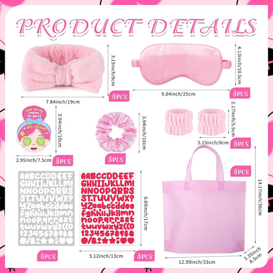72 Pcs Spa Sleepover Party Supplies for Girls With DIY Stickers And Greeting Card Pink Headband Wristbands Eye Mask Hair Scrunchie Tote Bag Sleeping Slumber Party Favors