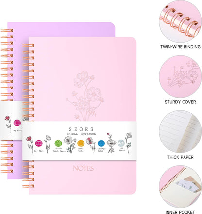 Spiral Notebook 3 Pack - 100GSM Smooth No-Bleed Paper,120 Pages A5 8.26x5.7 Inch, 7mm Ruled Pages, Inner Pocket | Journal Writing, College, Office Meetings (PINK AND PURPLE AND BEIGE)