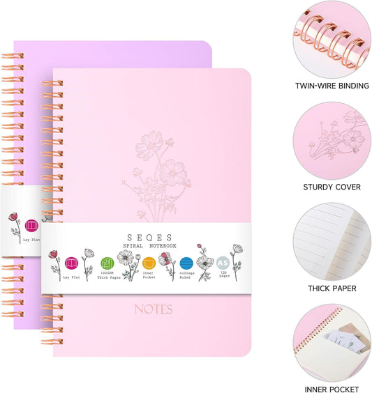 Spiral Notebook 3 Pack - 100GSM Smooth No-Bleed Paper,120 Pages A5 8.26x5.7 Inch, 7mm Ruled Pages, Inner Pocket | Journal Writing, College, Office Meetings (PINK AND PURPLE AND BEIGE)