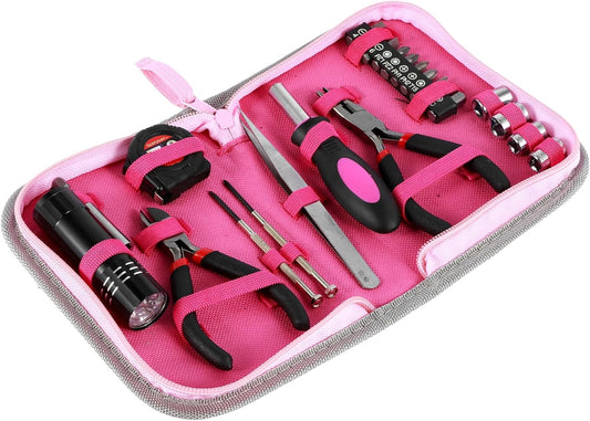 23Pcs Household Repair Tool Kit Multifunctional Pink Home Hand Set with Storage Bag Portable Women Combination with for DIY (Pink)