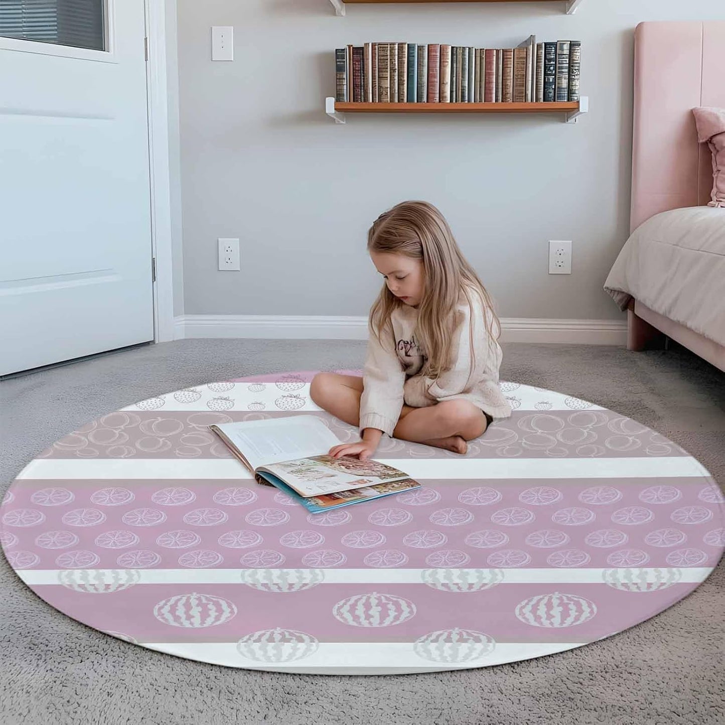 Round Rugs 3.3 Ft, Farm Fruits Non Slip Living Room Kitchen Bathroom Rugs, Watermelon Lemons Peach Pink Grey Striped Washable Area Rug for Bedroom Dorm Hallway, Indoor/Outdoor Carpet