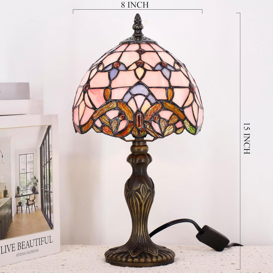 Small Tiffany Lamp Stained Glass Table Lamp Mini Desk Accent Light for Bedroom Bedside Reading Home Antique Style Decor 8X15 Inches (Pink Baroque)