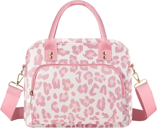 Lunch Bag Large Insulated Lunch Box for Women Adult Cute Pink Leopard Lunchbox Corduroy Lunch Bags Boxes Pail with Shoulder Strap for Work Mom Picnic Office Travel 11.4×6.8×9.1 inches 11.5L