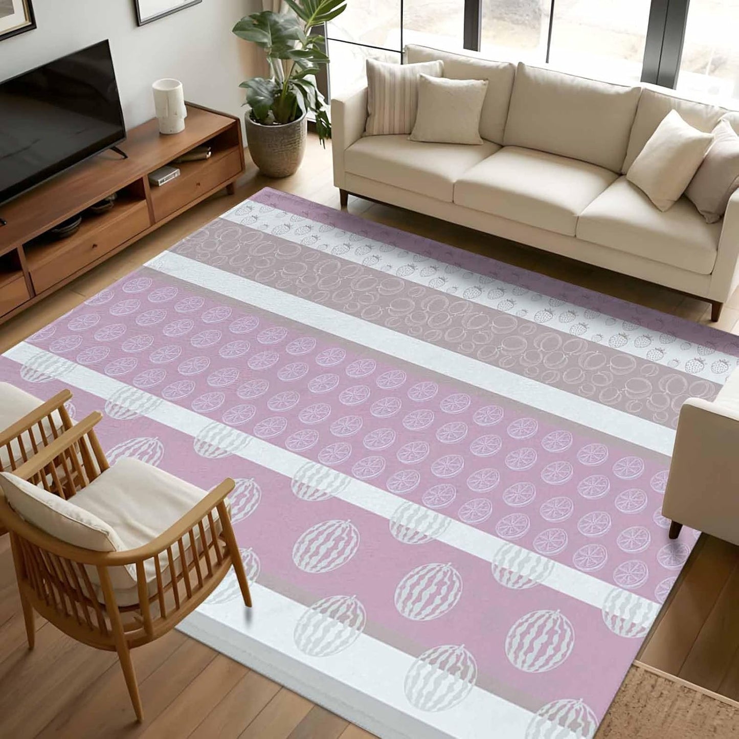 5x8 Area Rugs, Farm Fruits Non-Skid Rubber Backing Large Rectangle Rugs - Living Room Bedroom Home Office, Watermelon Lemons Peach Pink Grey Striped Indoor Floor Mat Carpets Washable Rug