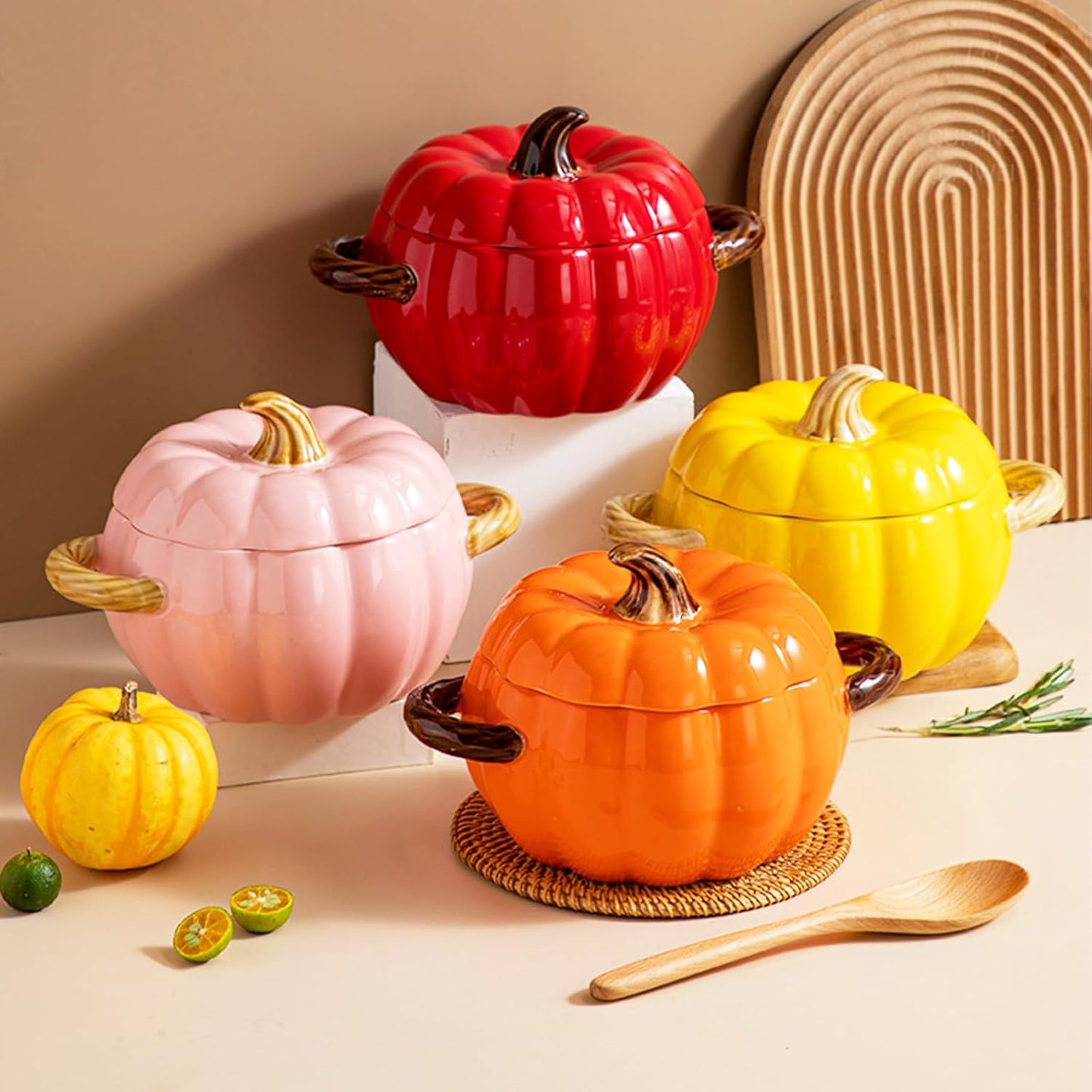 Dutch Oven Pot with Lid, Pumpkin Pottery Dessert Saucepan, Mini Baking Dish Cute Pumpkin Bowl, Covered Dutch Oven Ceramic Stockpot, Pumpkins-Shaped Casserole (Pink)
