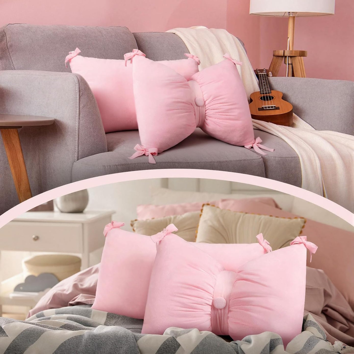 Newwiee 2 Pcs Valentines Pink Velvet Bow Pillow Covers 14 x 20 Inch Pink Throw Pillow Cover Soft Velvet Cushion Cases Aesthetic Cushion Cases for Women Room Bed Sofa Couch Valentines Decor