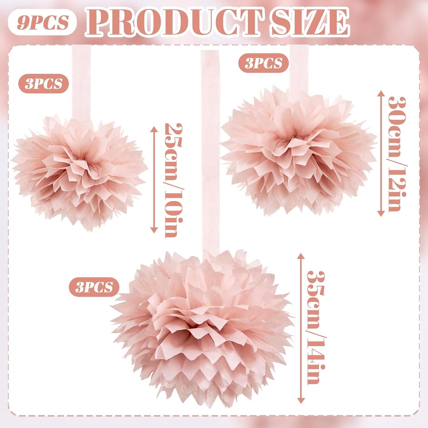 OBBOLO Nude Pink Tissue Paper Pompoms Decorations 9 Pack, 10 12 14 Inch Large Hanging Paper Pompoms with Satin Ribbon for Pink Party Decor, Ceiling Arch Party Decor for Wedding Baby Shower Birthday